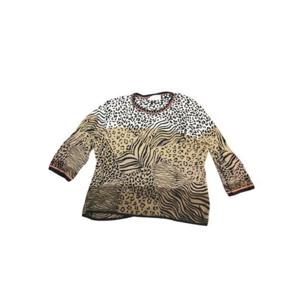 Alfred Dunner Women Brown Animal Print Sweater Beaded Scoop Neck 34 Sleeve Cozy - Picture 1 of 5